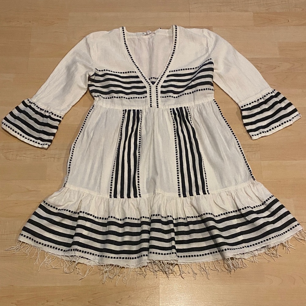 Lemlem White & Black Striped Fringe Boho Beach Vacation Dress Small